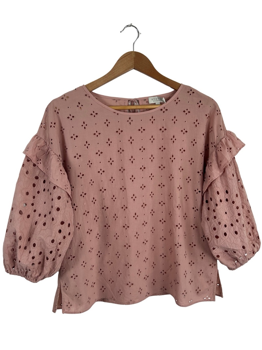 Status by Chenault Eyelet Puff Sleeve Top Women’s M Dusty Pink 100% Cotton